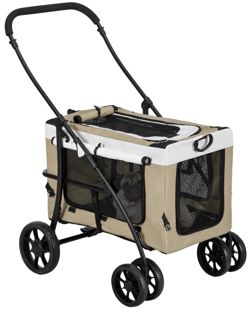 PawHut Carrinho para Animais de Estimação Carrinho para Cães Dobrável com Compartimento Desmontável 4 Portas 81x58x97,5 cm Cáqui | Aosom Portugal