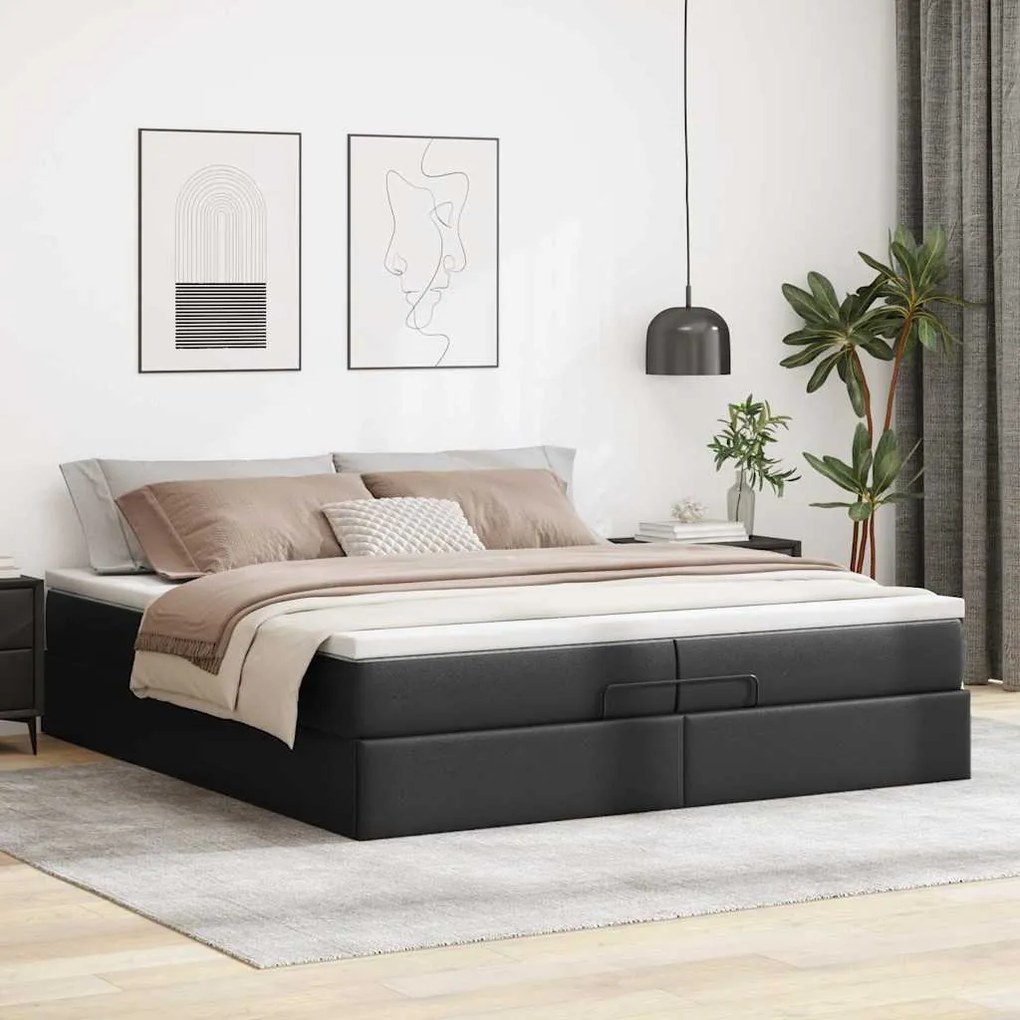 Estrutura de cama otomana com colchões pele artificial preta