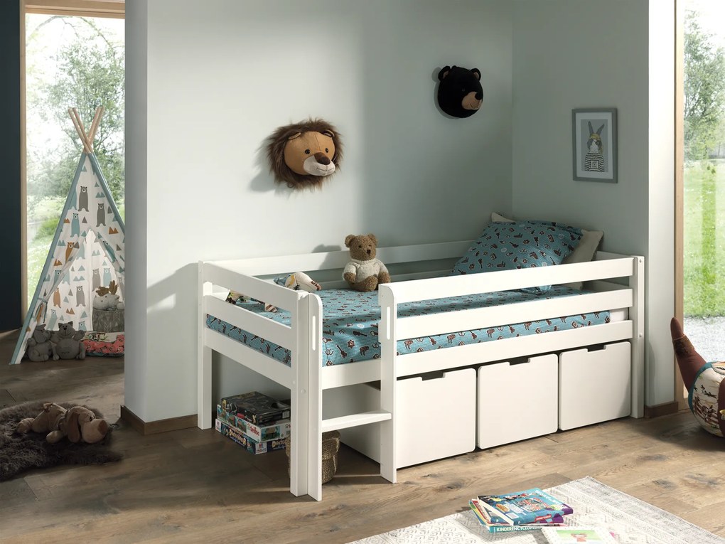 Conjunto Cama alta de Criança PINO 90 x 200 cm + estrado + escada + 3 gavetas Branca