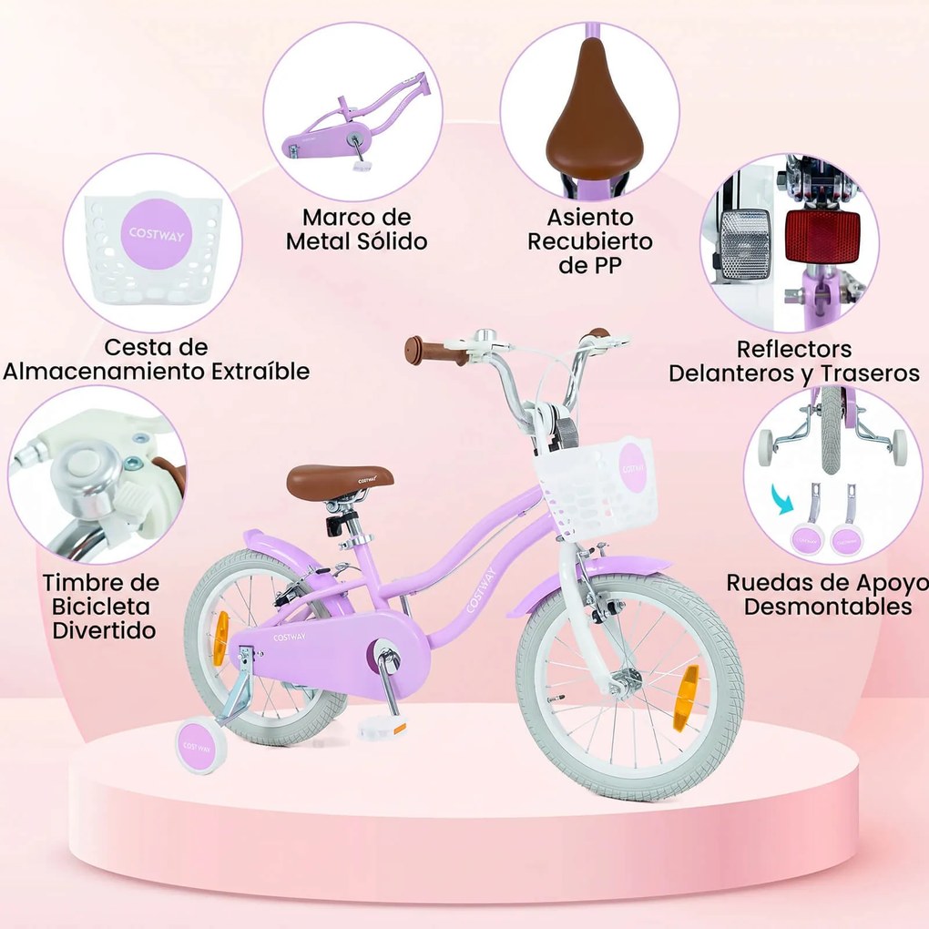 Bicicleta Infantil para Menina 4-7 Anos, 114,5 x 56 x 71,5-77 cm, Rodas de Apoio Removíveis, Roxo