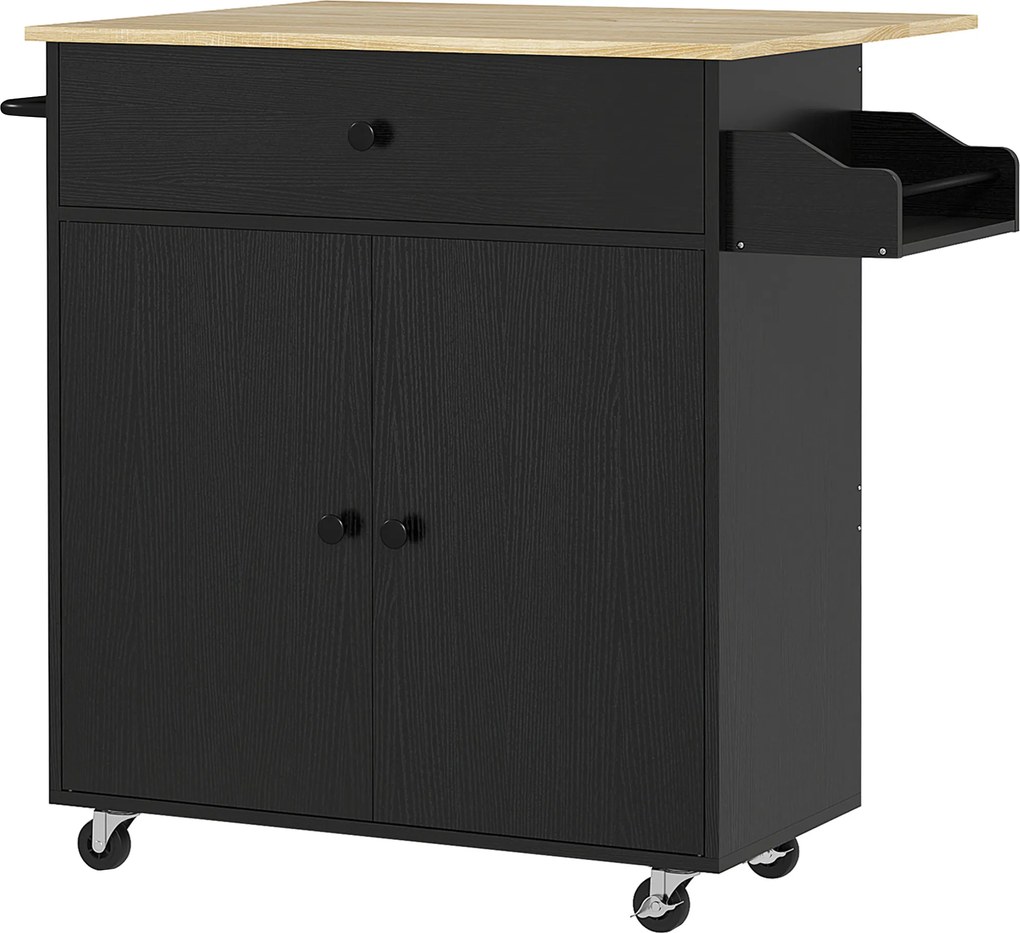 HOMCOM Ilha de Cozinha com Rodas com Lateral Dobrável Gaveta Suporte para Temperos e Prateleira Ajustável 106x42x87 cm Preto e Carvalho | Aosom Portugal