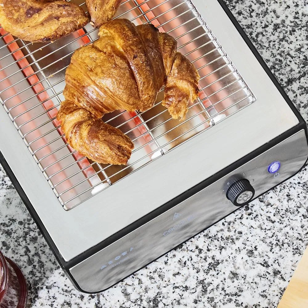 Torradeira Plana Horizontal Turbo Easy Toast Inox. 3 Resistências de quartzo, 6 níveis de potência, bandeja de migalhas, rebaixo do cabo, acabamentos