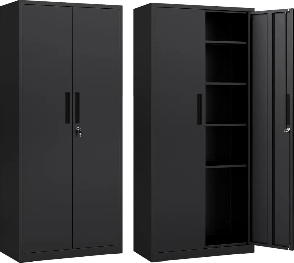 Armário metálico com 2 portas 80 x 40 x 180 cm com fechadura para ferramentas de garagem ou escritório com 4 prateleiras ajustáveis preto