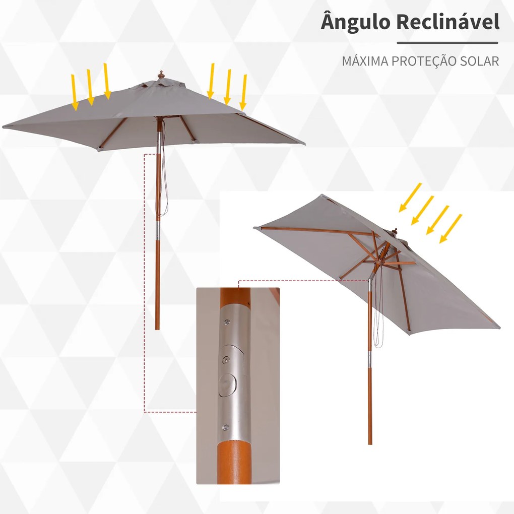 Chapéu de Sol de Jardim 200x150x230cm Chapéu de Sol Retangular Inclinável com Polia Duplo Teto e Mastro Desmontável de Madeira para Terraço Pátio Cinz