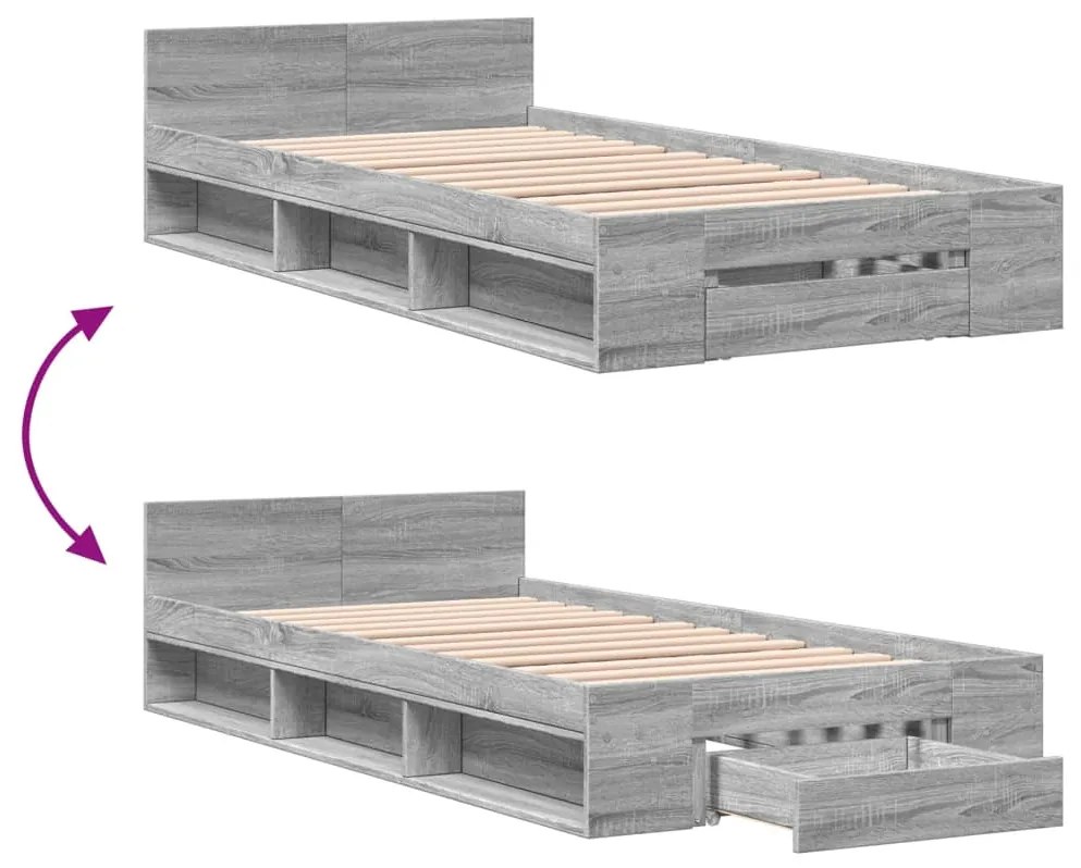 Estrutura de cama c/ gaveta derivados madeira cinzento sonoma