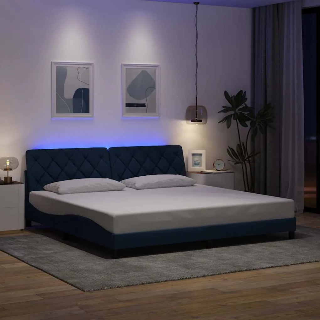 Estrutura de cama com LED sem colchão 200x200 cm tecido azul