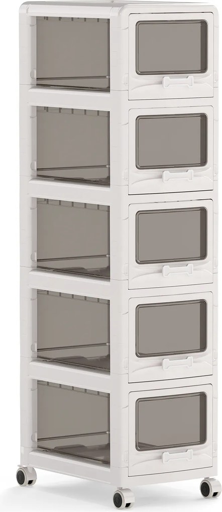 Móvel de Arrumação com 5 Gavetas, 42 x 28 x 112,5 cm, Rodas com Travão, Branco