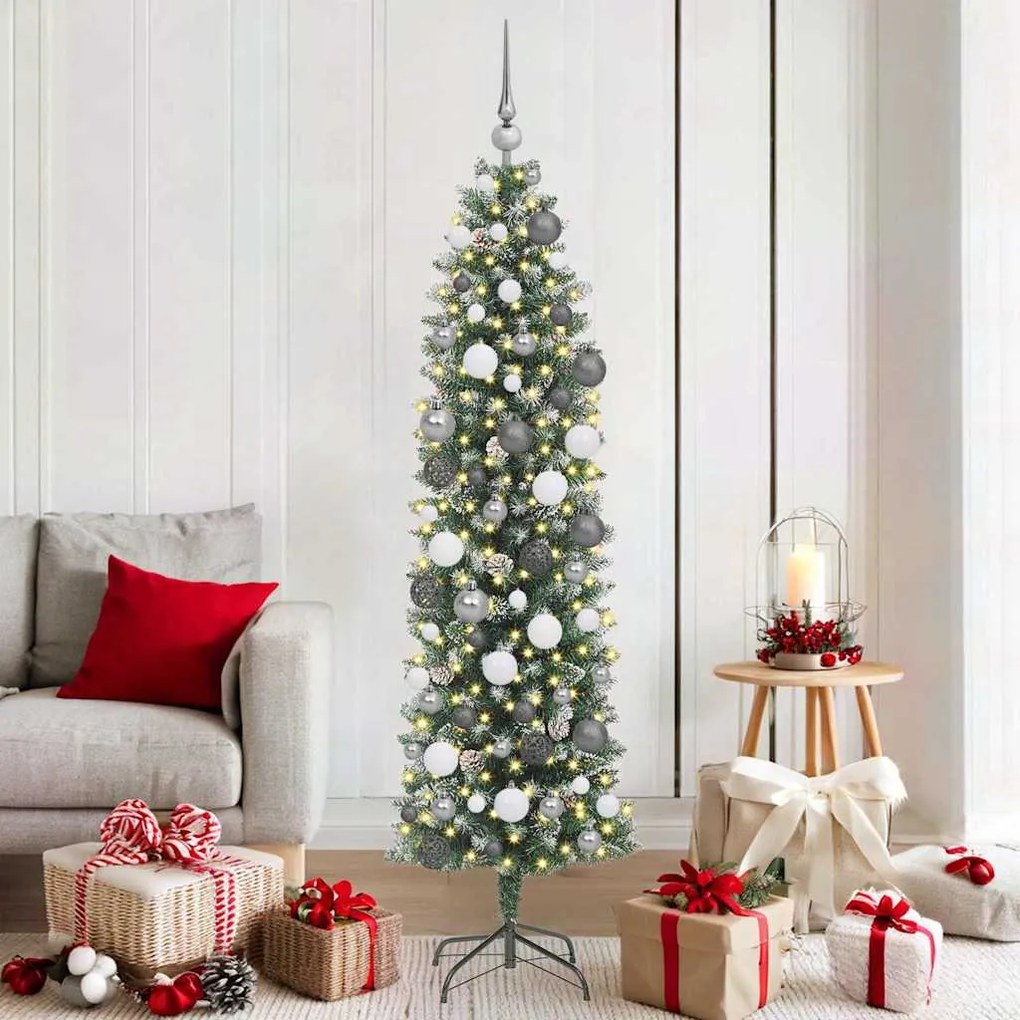 vidaXL Árvore Slim de Natal Artificial Verde e Branco 180 cm