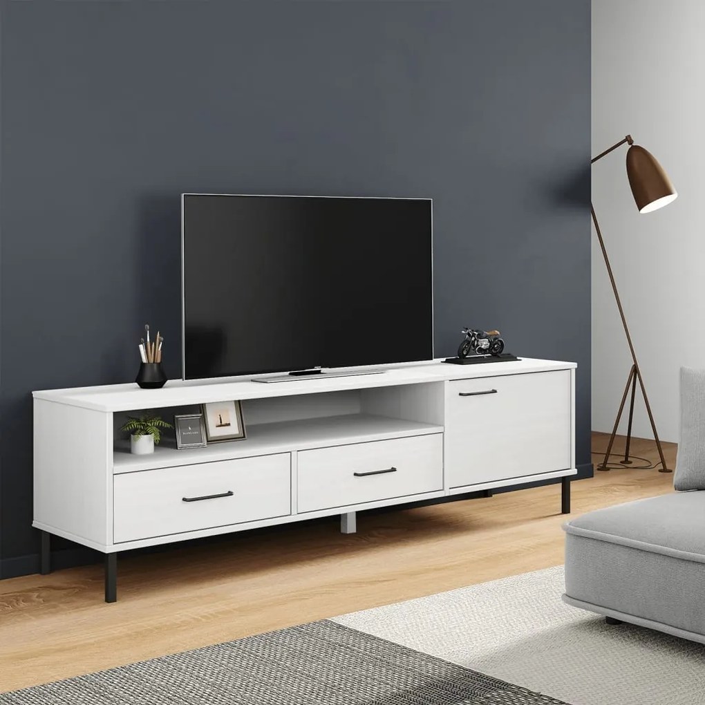 vidaXL Móvel de TV c/ pernas de metal pinho maciço OSLO branco
