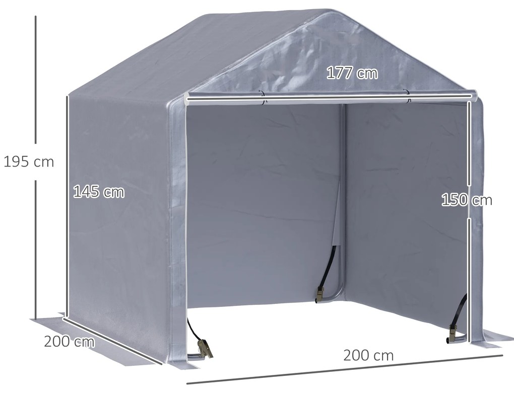 Abrigo Tenda para Ferramentas Bicicletas e Motas 2x2x2m com 1 Porta com Fecho de Correr 1 Cobertura de PE Impermeável Anti-UV Cinza