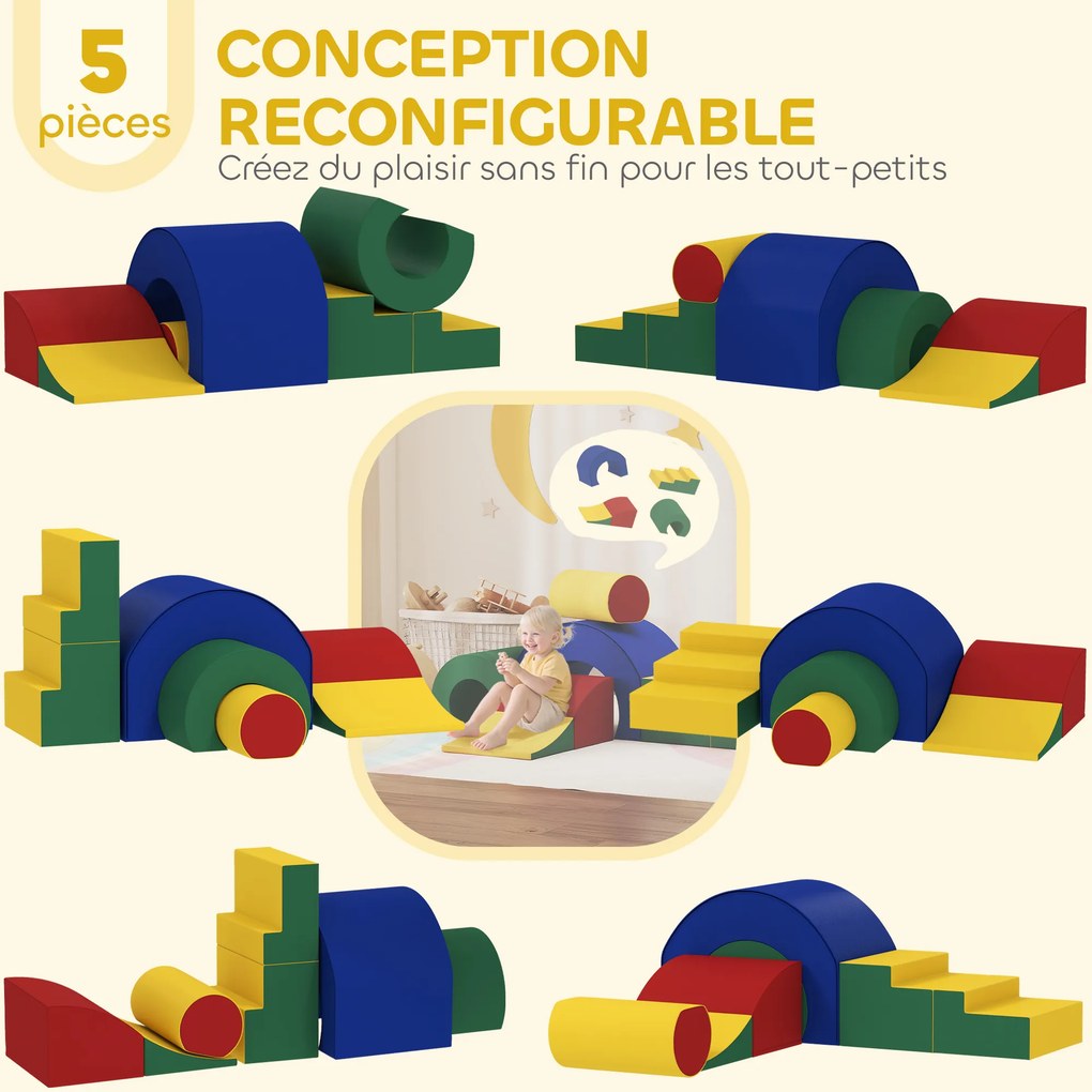 Percurso de motricidade para bebés – brinquedos de escalada modulares com 5 blocos gigantes de espuma, 181 x 39 x 44 cm, multicolorido
