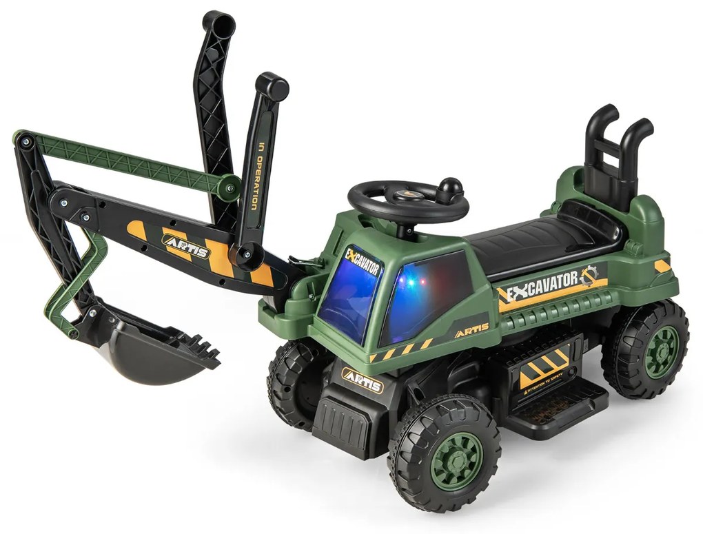 Trator escavadora infantil a bateria 6V com assento giratório para frente/para trás música de movimento 113 x 36 x 39 cm Verde