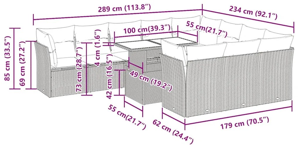 11 pcs conjunto sofás de jardim c/ almofadões vime PE/acácia