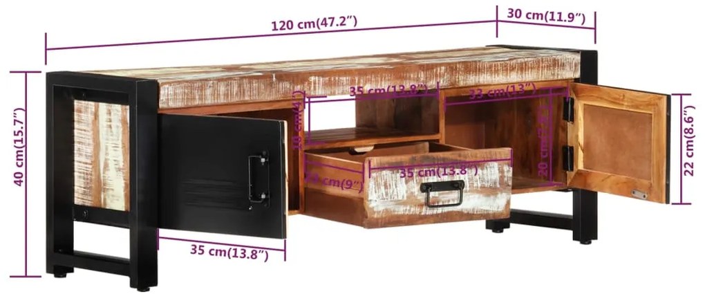 Móvel de TV 120x30x40 cm madeira recuperada maciça
