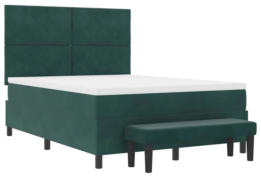 Cama Box Spring com Colchão e Banco Verde Escuro 140x200 cm Veludo