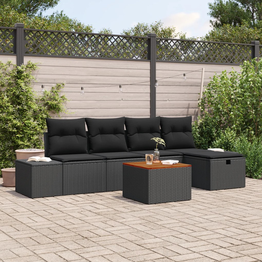 Conjunto de Sofá de Jardim de 6 Peças com Almofadas Preto Rattan