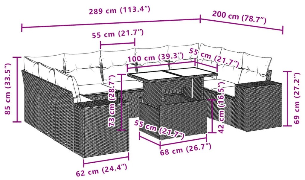 10 pcs conj. sofás jardim com almofadões vime PE cinzento-claro