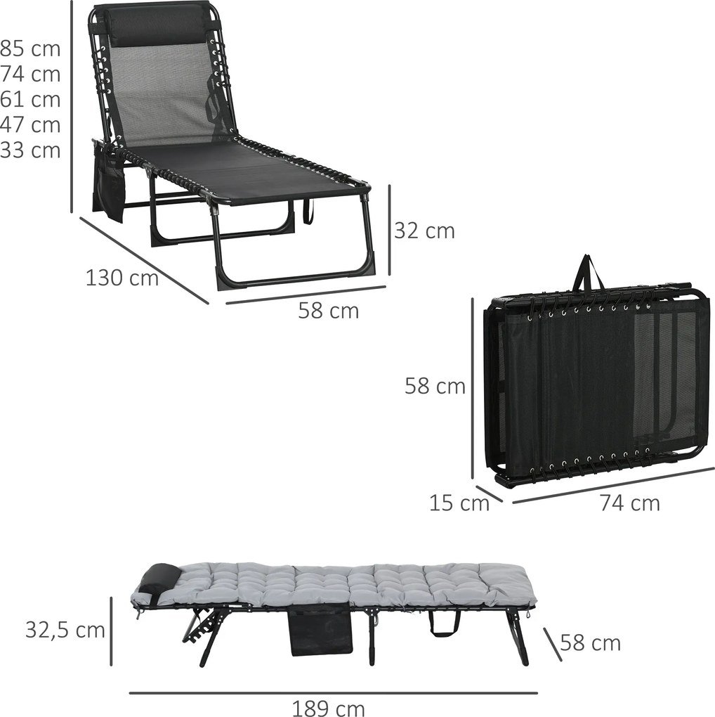 Espreguiçadeira dobrável com almofada, apoio para a cabeça e bolso lateral, reclinável, 58 x 189 x 32,5 cm, cinzento claro