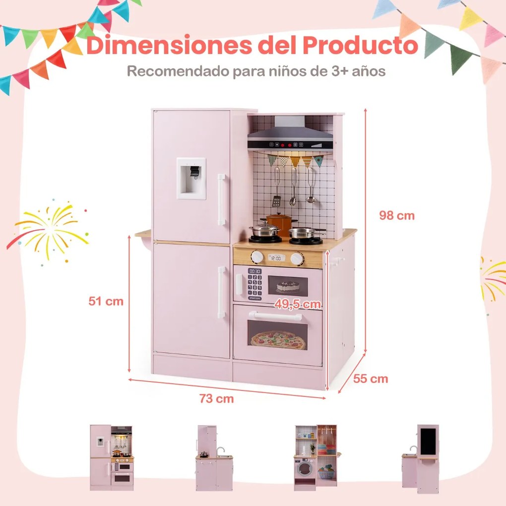 Cozinha de brincar dupla face em madeira 73 x 55 x 98 cm com dispensador de água, micro-ondas e utensílios simulados, luzes e sons, para maiores de 3