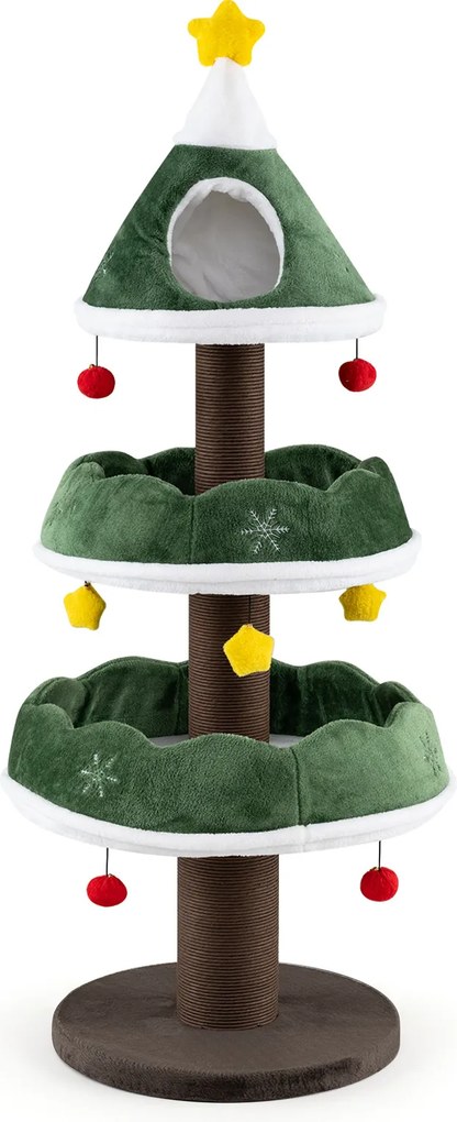 Árvore Rascadora para Gatos de Natal, 49 x 49 x 143 cm, 3 Níveis com Casinha Superior, Verde
