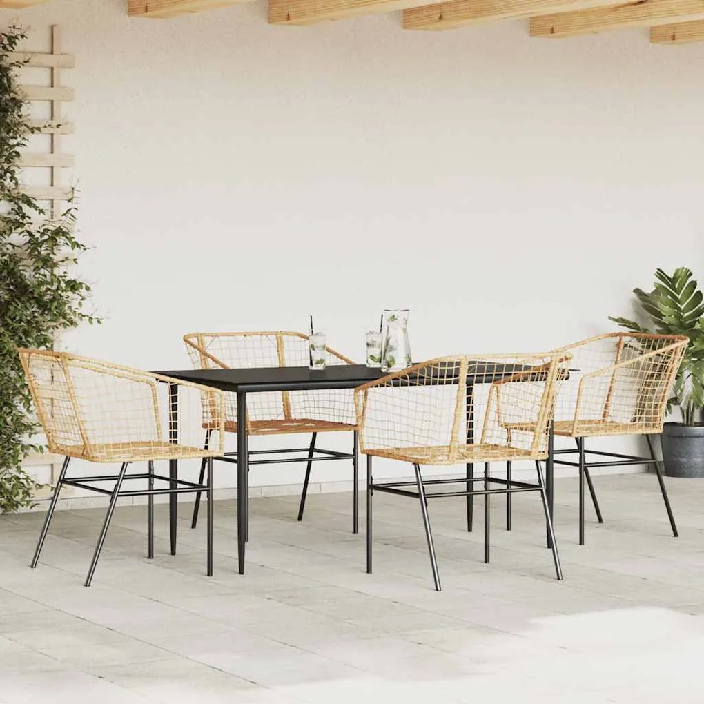 Conjunto jantar jardim 5 peças vidro vime PE castanho