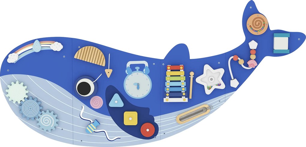 AIYAPLAY Quadro Sensorial Montessori Baleia Busy Board 13 em 1 para Crianças +2 Anos, Azul | Aosom Portugal