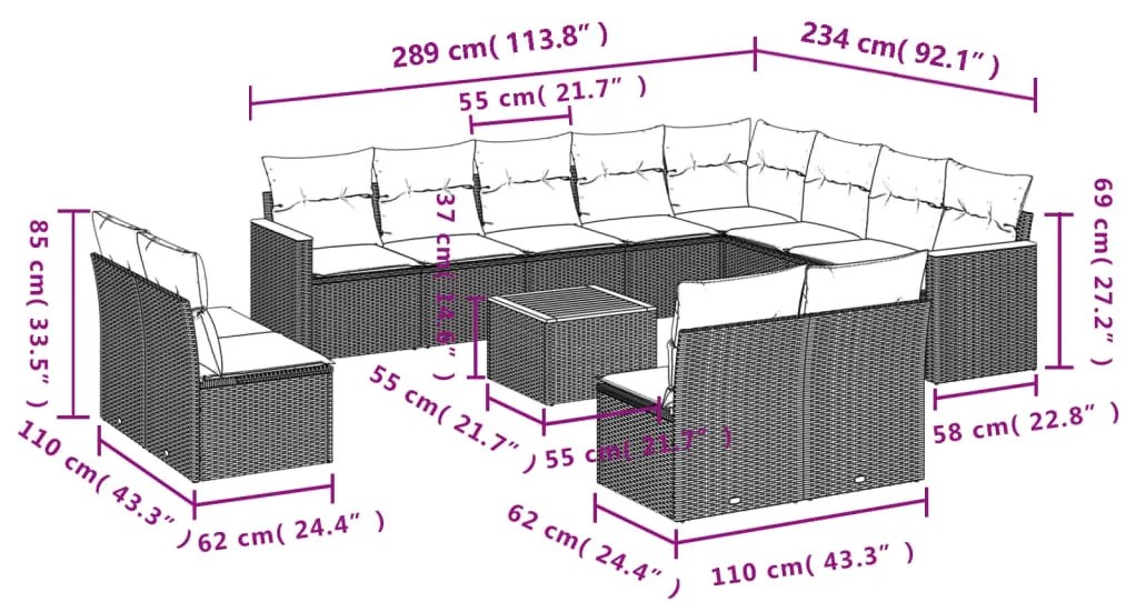 13 pcs conjunto de sofás de jardim com almofadões vime PE preto
