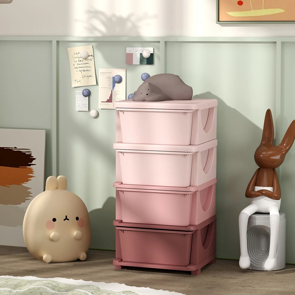 Organizador de Brinquedos para Crianças, 37 x 37 x 76 cm, 4 Gavetas Amovíveis, Rosa