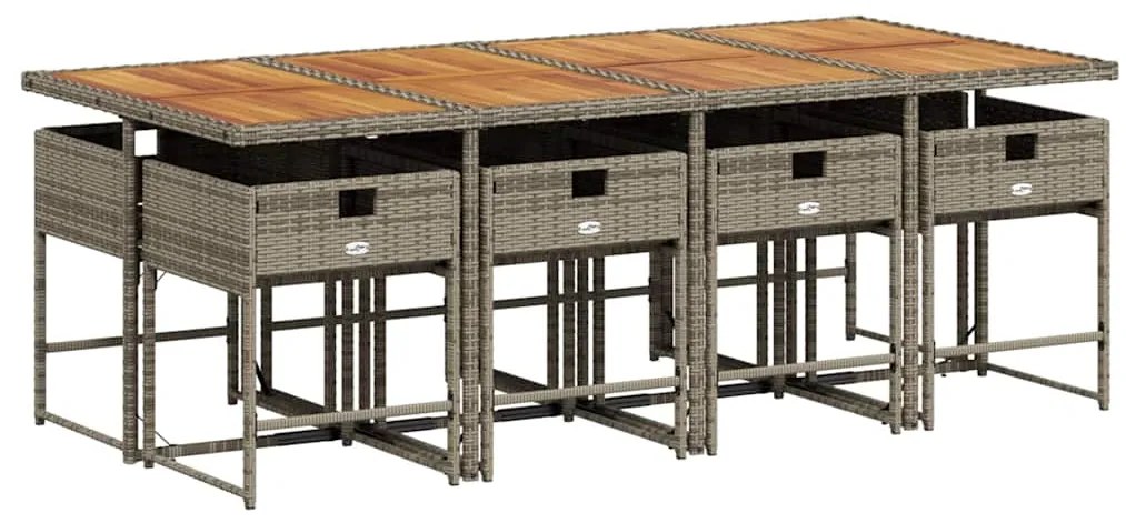 9 pcs conjunto de jantar p/ jardim c/ almofadões vime PE cinza
