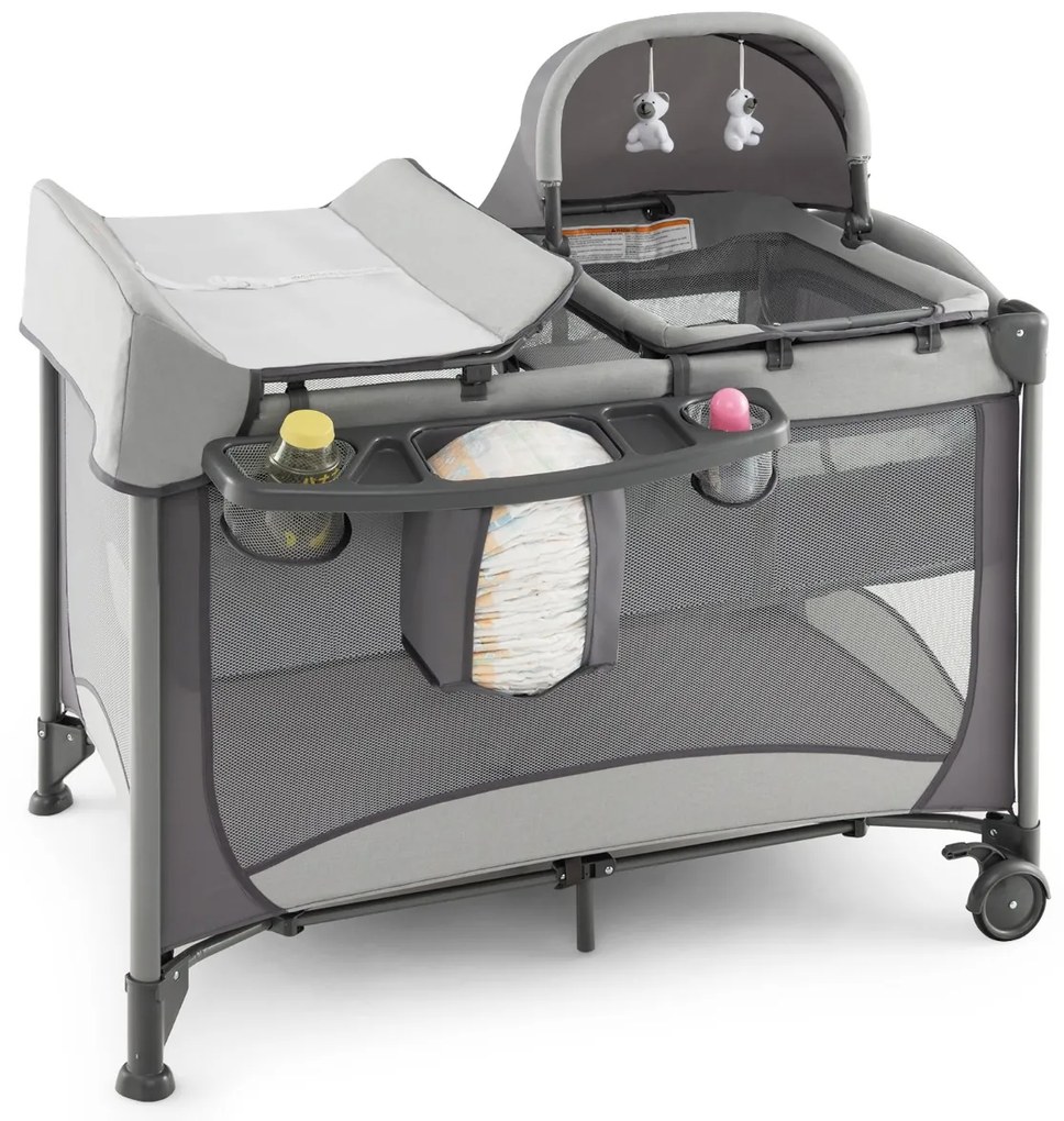 Berço Centro de atividades infantil portátil 5 em 1 com trocador de saia para protetor de berço Colchão removível 2 rodas cinto 110 x 78 x 78 cm Cinze