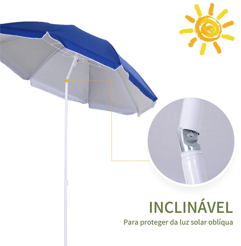 Chapéu de Sol de Praia Grande Ø160 cm Chapéu de Sol de Exterior com Ângulo Ajustável Proteção UV Impermeavel e Bolsa de Transporte Azul