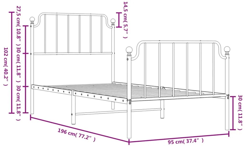 Estrutura de cama com cabeceira e pés 90x190 cm metal branco