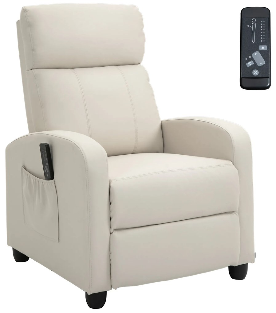 Poltrona de Massagem Relax Reinclinável com Controle Remoto 2 Zonas de Massagem 68x88x98 cm Creme