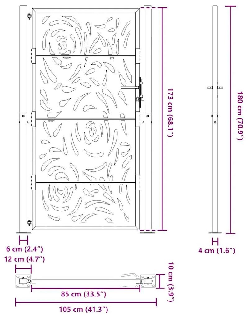 Portão de jardim 105x180 cm design de chama de aço preto