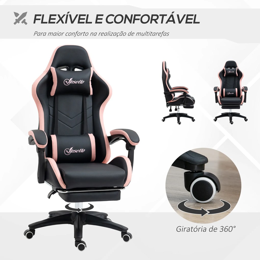 Cadeira Gaming de Couro PU com Altura Ajustável Reclinável 135° e Apoio para os Pés Retrátil 65x65x121-129 cm Rosa e Preto