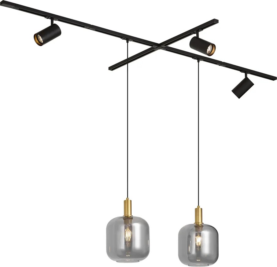 Sistema de calhas moderno preto com 2 candeeiros pendentes e 3 focos monofásico - Iconic Zuzanna Jeana Luxe