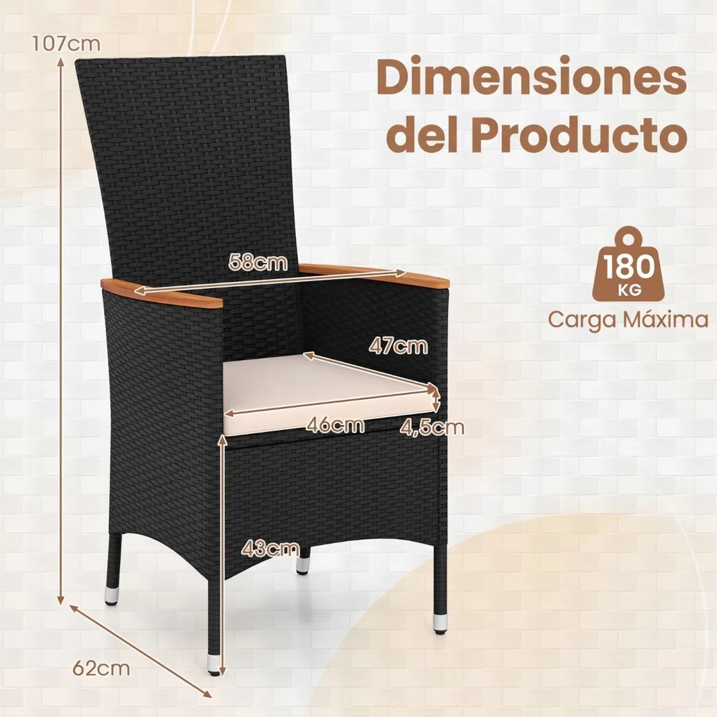 Conjunto de 4 cadeiras de jardim em rattan com encosto alto (MESA NÃO INCLUIDA), braços em madeira de acácia e almofada macia para terraço, alpendre o