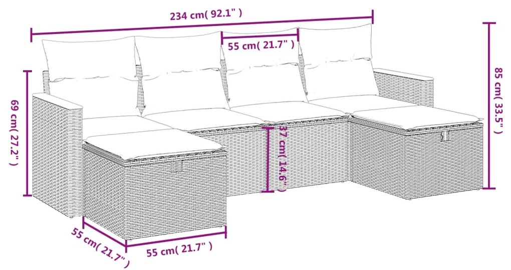 6 pcs conjunto sofás de jardim c/ almofadões vime PE preto