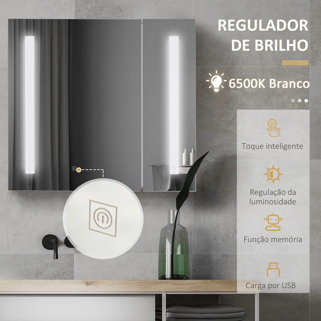 Armário com Espelho de Casa de Banho com Luz LED Suspenso 2 Portas e Interruptor Tátil Estilo Moderno 70x15x65 cm Branco