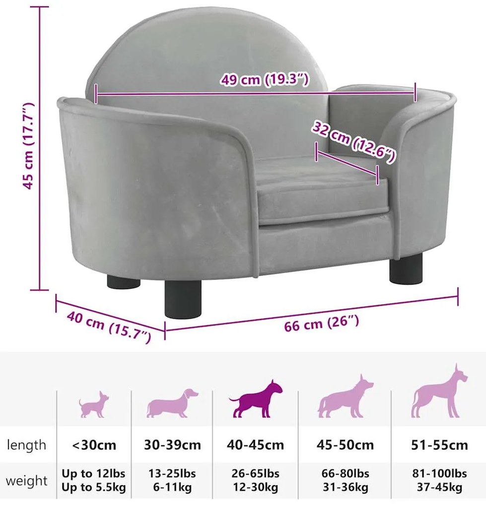 Cama para cães 66x40x45 cm veludo cinzento-claro