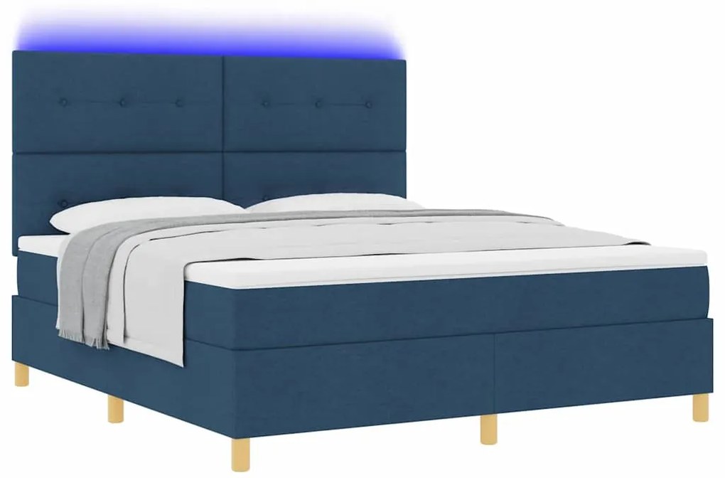 Cama Box Spring com Colchão &amp; LED Azul 180x200 cm Tecido