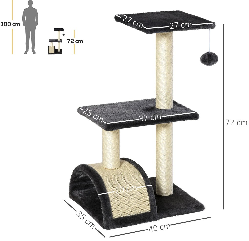 Arranhador para Gatos Médio de 3 Níveis  com Postes de Sisal Placa para Arranhar e Bola Suspensa 40x35x72 cm Cinzento Escuro