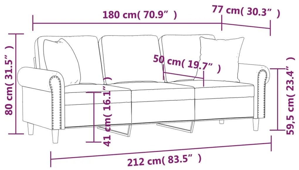 Sofá Patrízia - De 3 Lugares com 2 Almofadas Decorativas  - Cor Preto