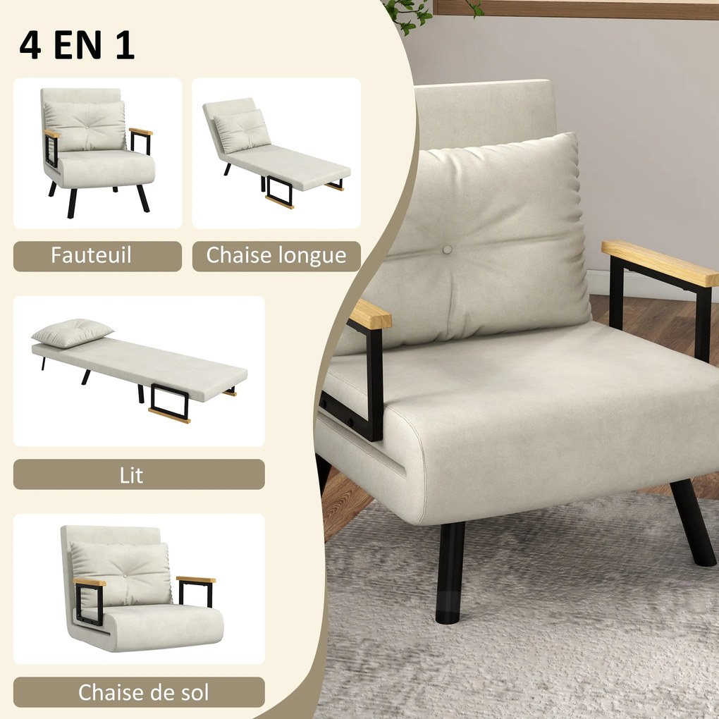 Poltrona convertível 4 em 1 63 L x 73 P x 81 A cm, cama individual, encosto com 5 posições, braços em madeira com almofada, tecido com efeito de velud