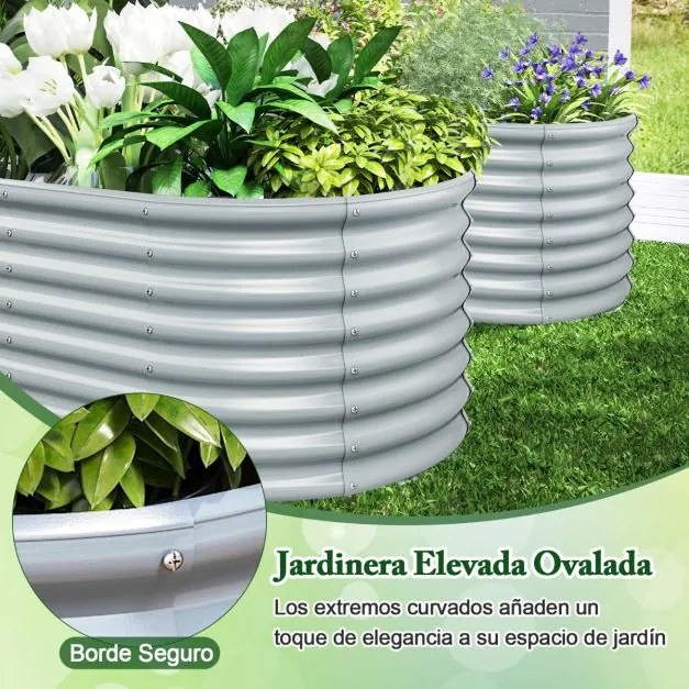Floreira metálico ovalado elevado com fundo aberto, caixa para plantas canteiro de flores em chapa ondulada, cinza