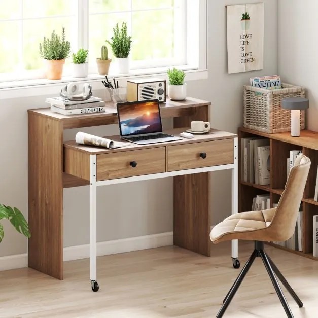 Secretária extensível, mesa pequena para computador com 2 gavetas e rodas 100 x 63 x 88 cm natural