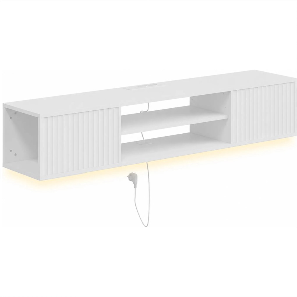 HOMCOM Móvel de TV Suspenso com LED RGB, Tomadas e Prateleira Ajustável para TV até 65 Polegadas, 140x29,5x26,5 cm, Branco | Aosom Portugal