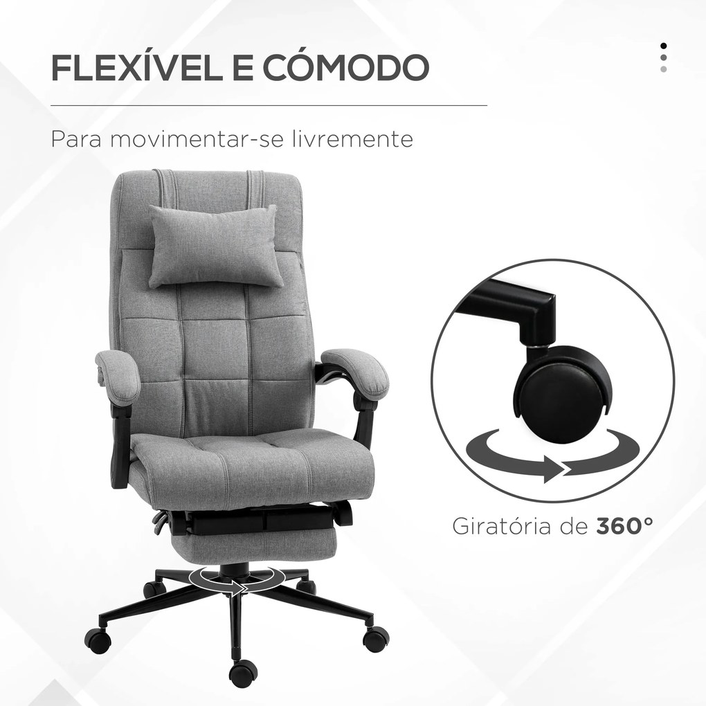 Cadeira de Escritório Reclinável Estofada em Tecido com Altura Ajustável e Apoio para os Pés 66x76x116-124 cm Cinza