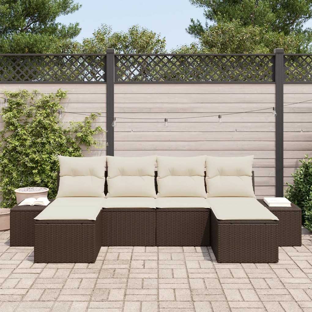 Conjunto de Sofás de Jardim 6 Peças com Almofadas Castanho Rattan Sint