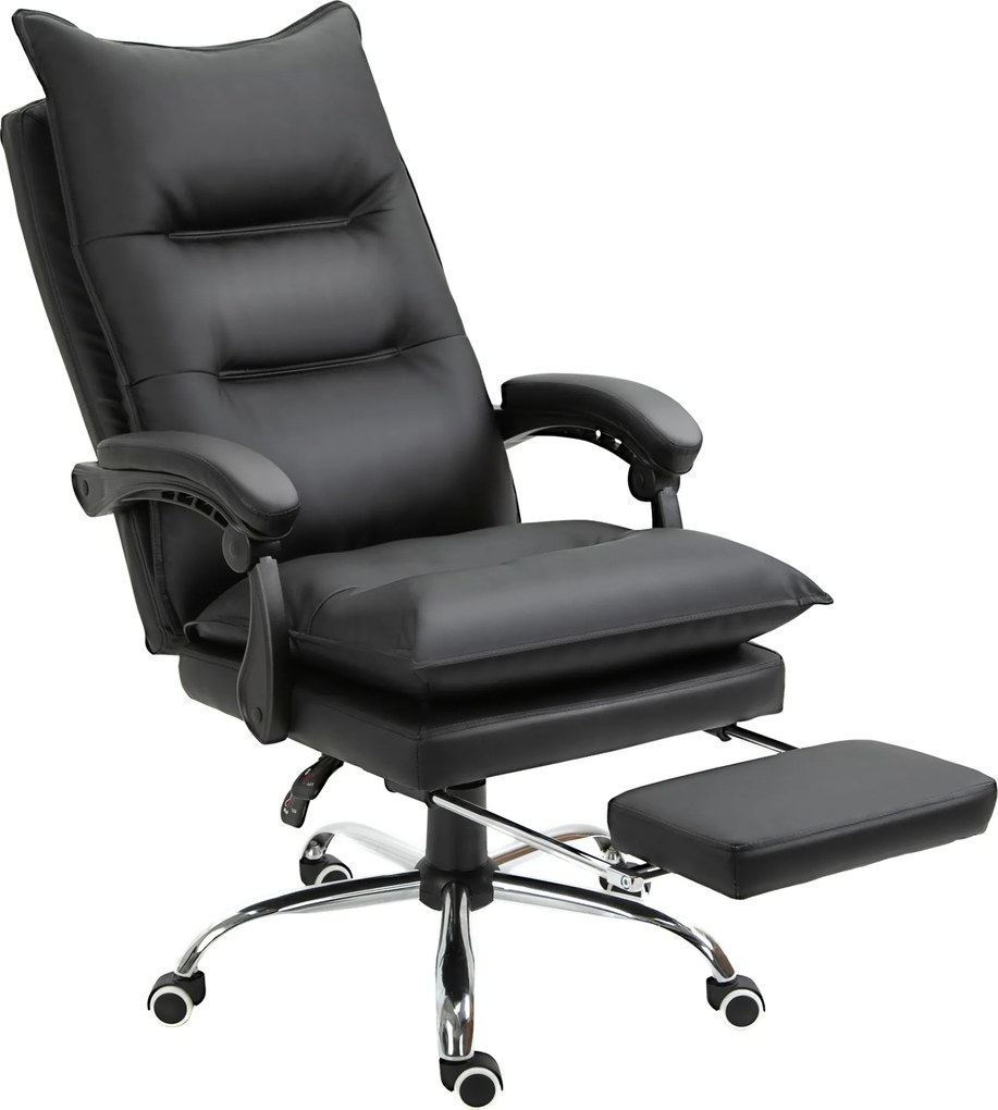 Cadeira de escritório, ergonómica em couro sintético com assento largo e almofadado, encosto reclinável, altura ajustável, braços e apoio para os pés